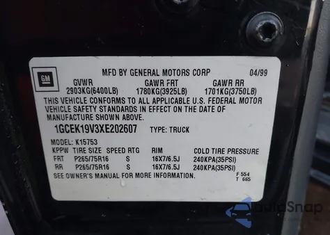 1999 Chevrolet Silverado 1500 Ls from USA, damaged, VIN 1GCEK19V3XE202607